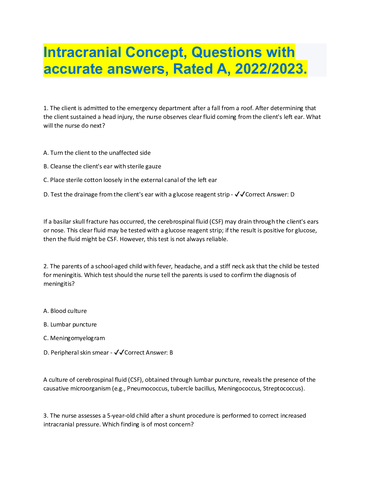 Preview image for Intracranial Concept, Questions with accurate answers, Rated A, 2022/2023.